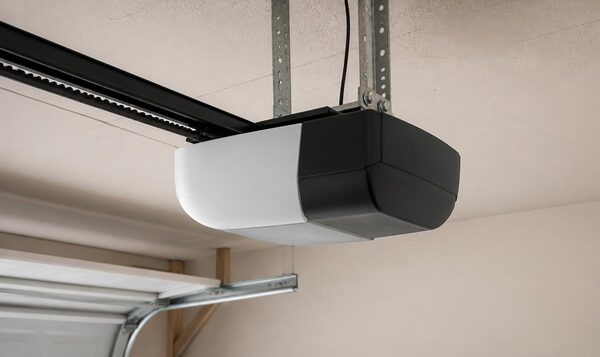 LiftMaster garage door opener motor unit mounted to a garage ceiling
